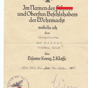 Urkunde Eisernes Kreuz 2. Klasse 223. Inf. Div.- VERKAUFT- SOLD