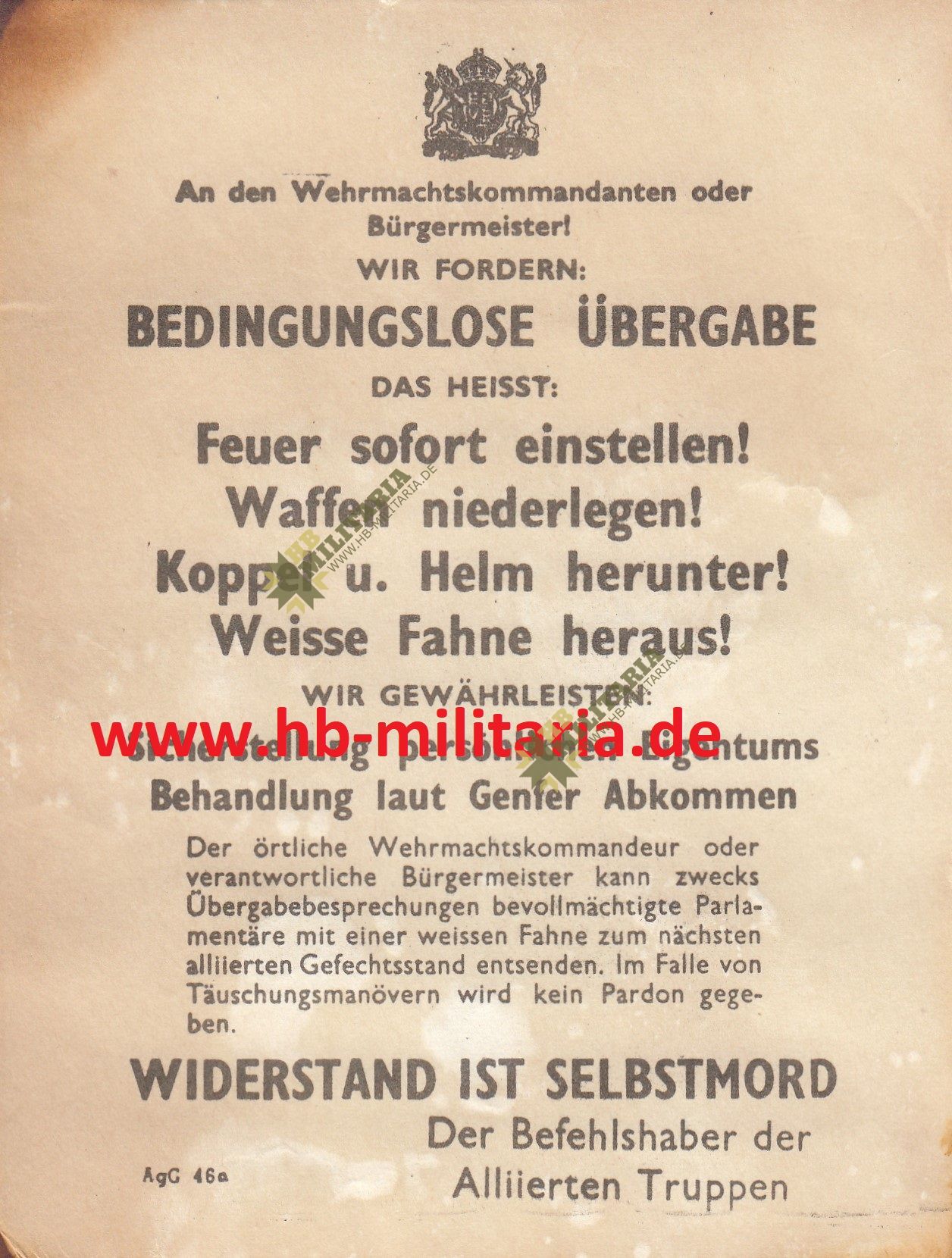 Alliiertes Flugblatt/ Handzettel: Bedingungslose Übergabe- VERKAUFT- SOLD