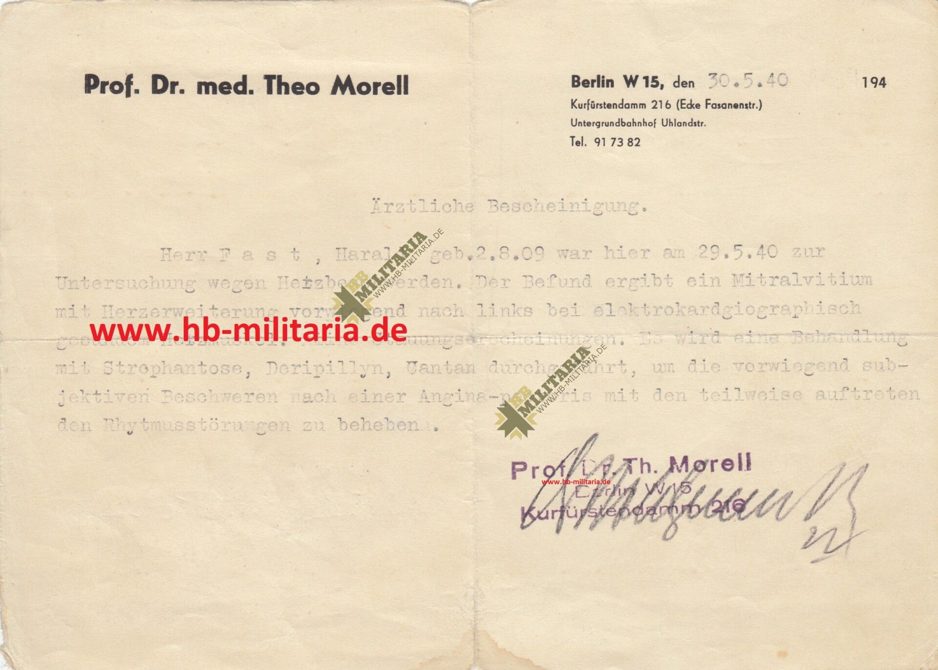 Ärztliche Bescheinigung mit originaler Unterschrift von Professor Theodor Morell. - VERKAUFT- SOLD