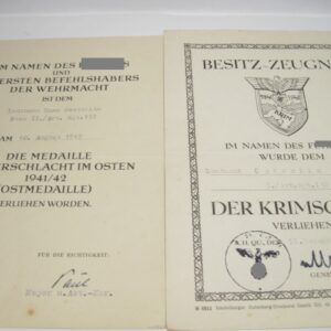 Kleine Urkundengruppe: Besitz- Zeugnis Krimschild + Ostmedaille- VERKAUFT- SOLD