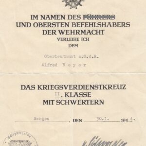 Urkunde Kriegsverdienstkreuz 2. Klasse mit Schwerter- Kriegsmarine- VERKAUFT- SOLD