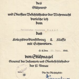 Urkunde KVK 2. Klasse mit Schwerter. 17. Armee von Stülpnagel/ OU Gimmler