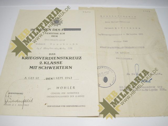 Kleine Urkundengruppe: Kriegsverdienstkreuz, Kraftfahrbewährungsabzeichen. Sturmgeschütz Abt. 228 Wöhler- VERKAUFT- SOLD