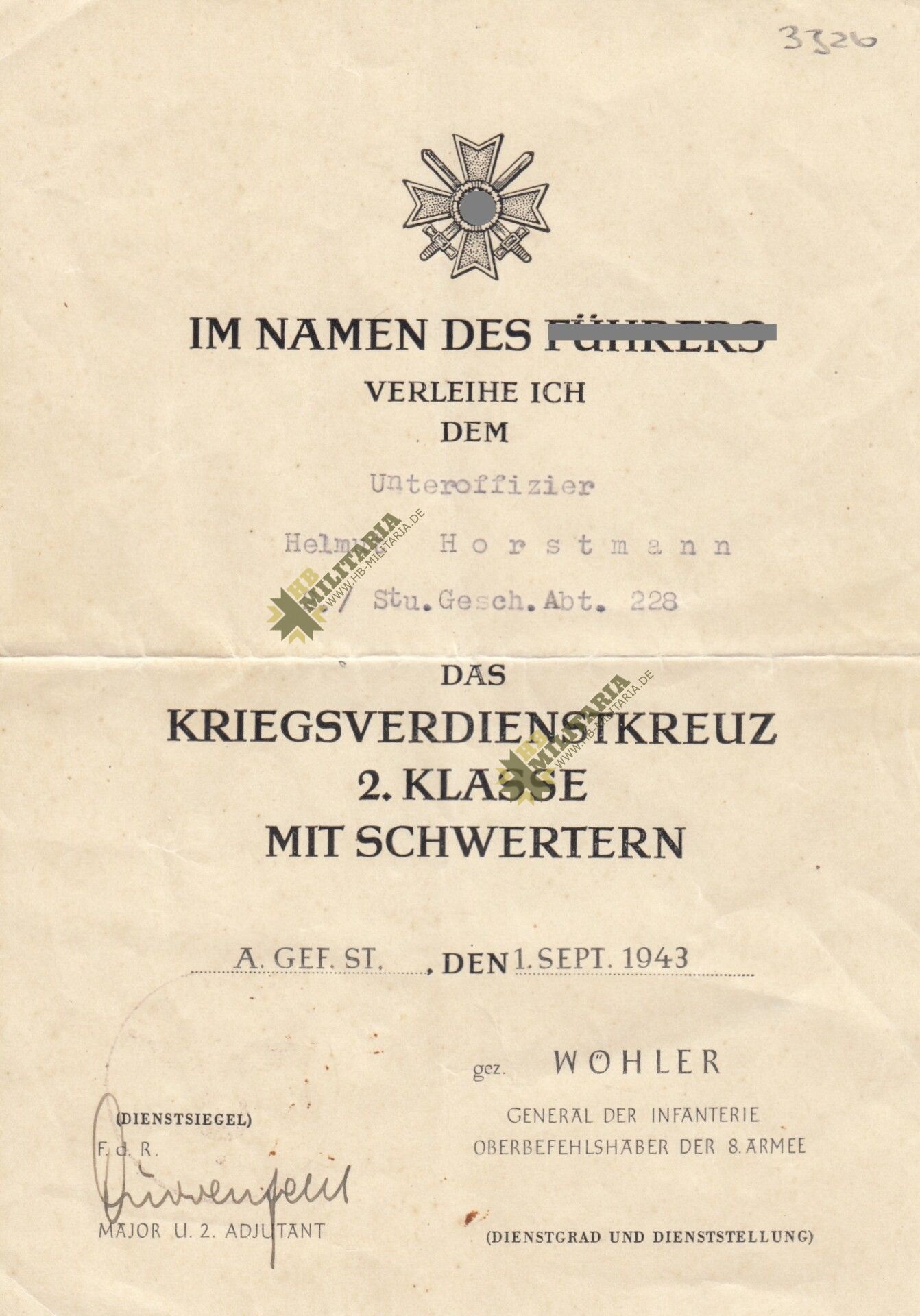 Kleine Urkundengruppe: Kriegsverdienstkreuz, Kraftfahrbewährungsabzeichen. Sturmgeschütz Abt. 228 Wöhler- VERKAUFT- SOLD – Bild 2