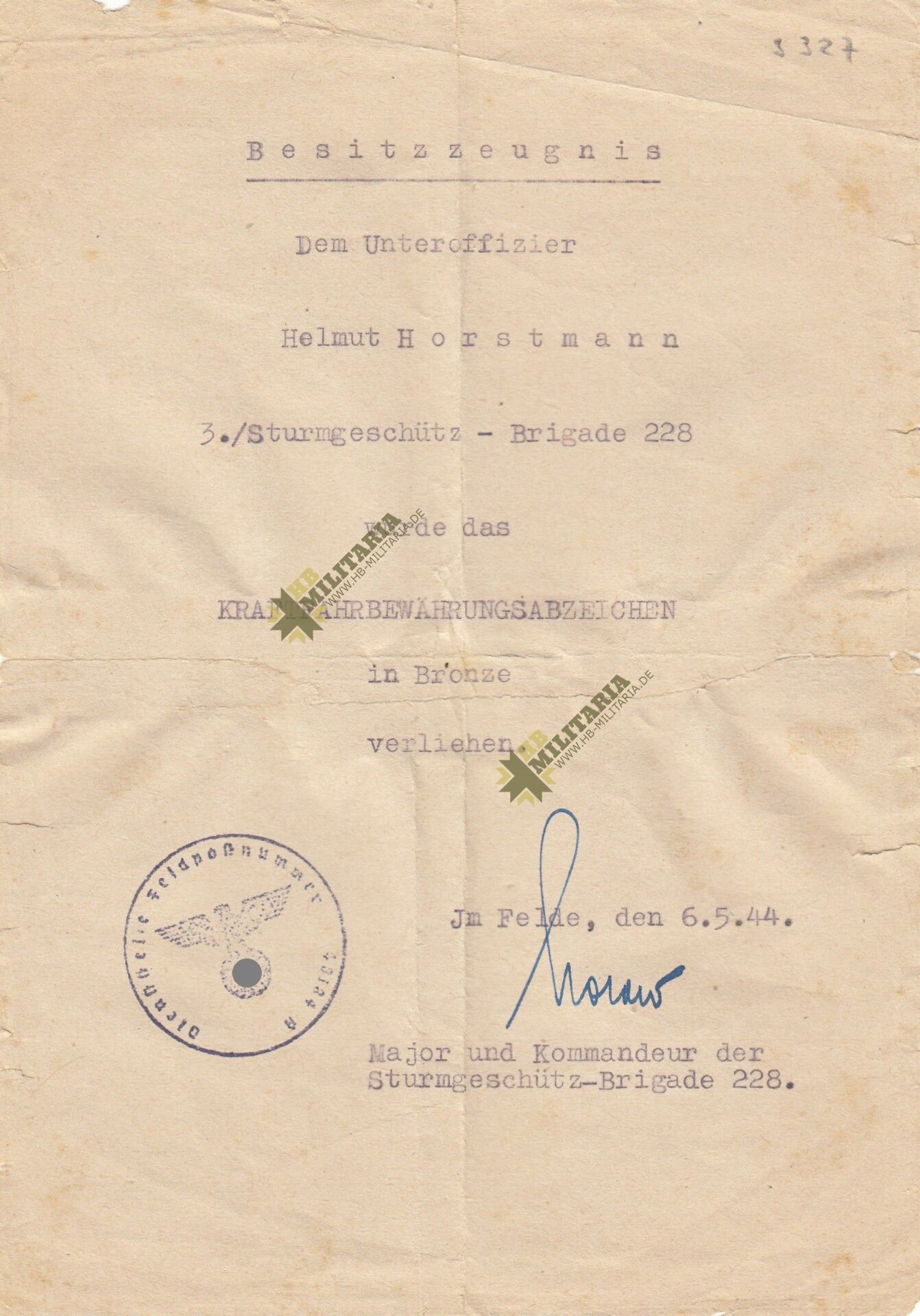 Kleine Urkundengruppe: Kriegsverdienstkreuz, Kraftfahrbewährungsabzeichen. Sturmgeschütz Abt. 228 Wöhler- VERKAUFT- SOLD – Bild 3