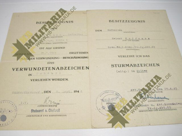 2er Urkundengruppe: 8./ Kav. Rgt./ Panzerjäger Abt. 69