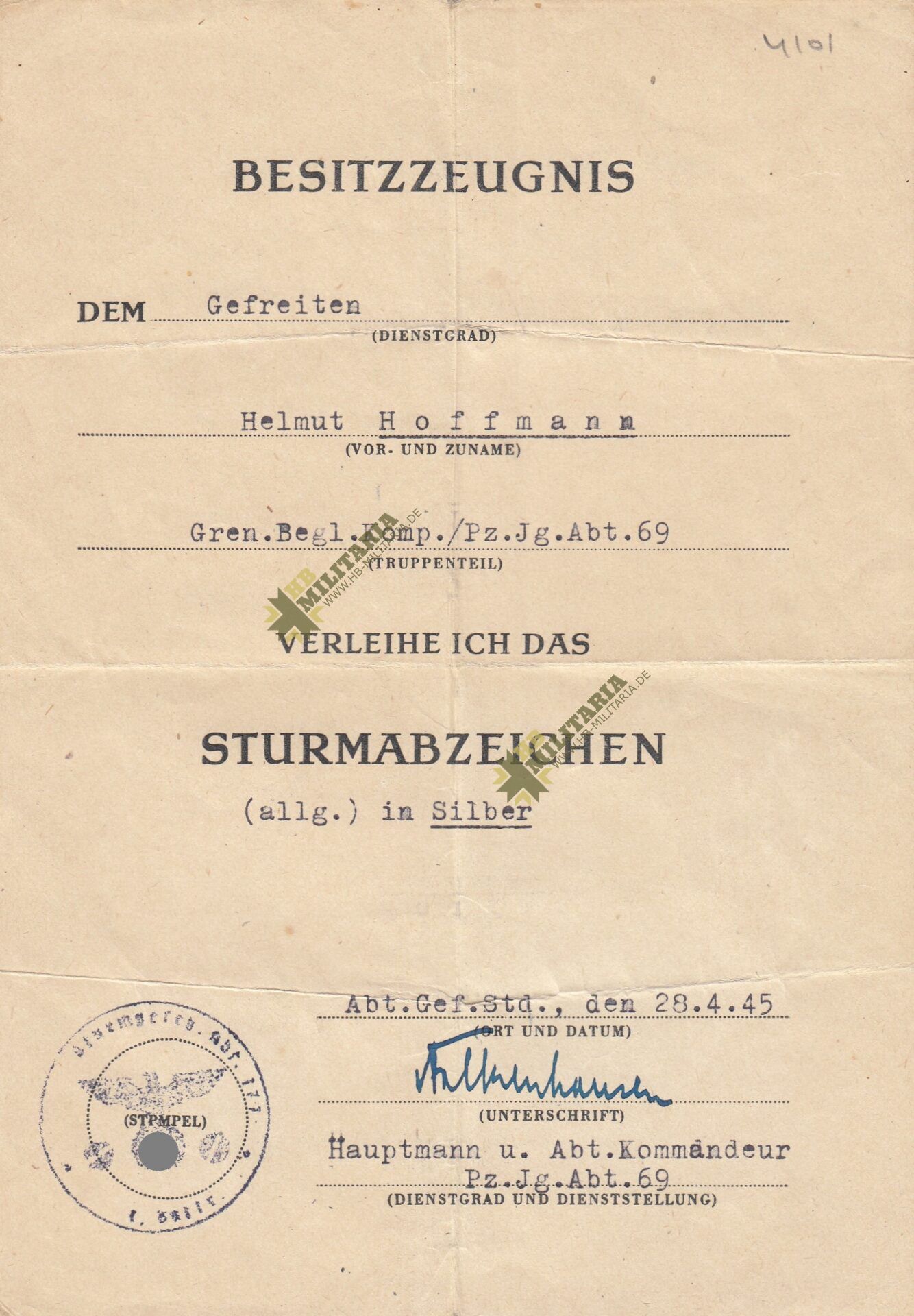 2er Urkundengruppe: 8./ Kav. Rgt./ Panzerjäger Abt. 69 – Bild 3