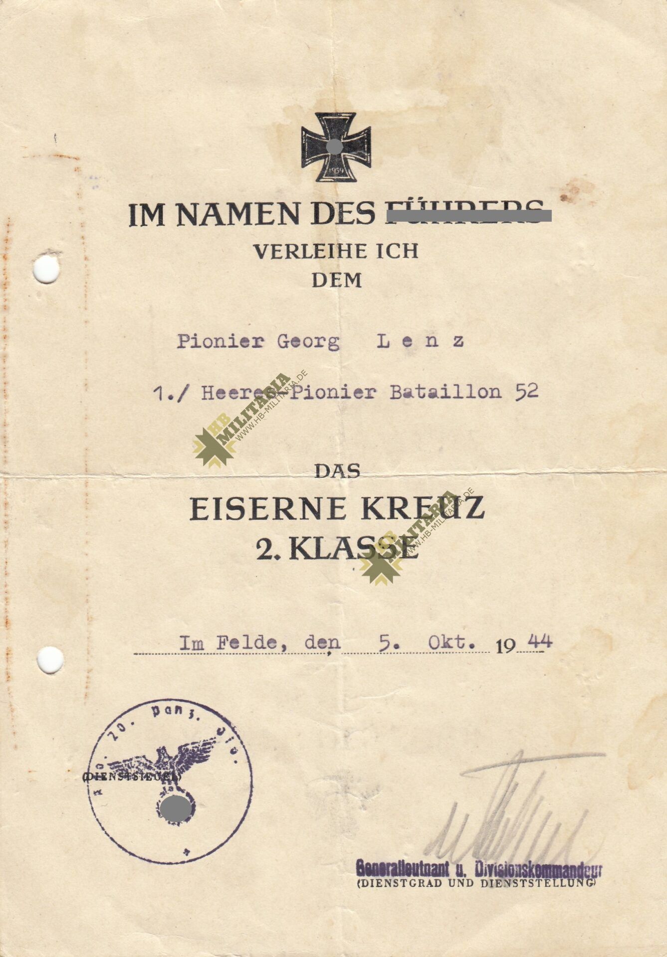 2er Urkundengruppe OU Eichenlaubträger Mortimer von Kessel. 20. Panzerdivision. – Bild 2