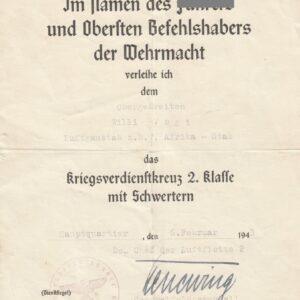 Urkunde zum KVK 2. Klasse mit Schwerter. Afrika.