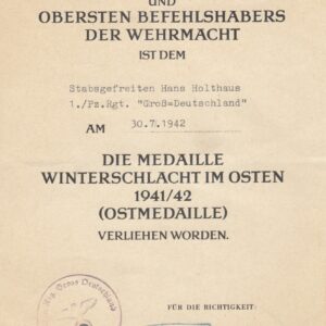 Urkunde Winterschlachtmedaille "Großdeutschland"