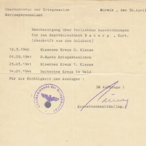 Bescheinigung der Orden des Kapitänleutnant Kurt Baberg u.a. ( U618 ).