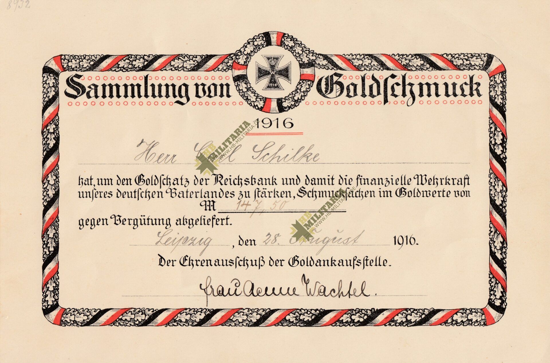 Urkunde/ Beleg Sammlung Goldschmuck. Leipzig 1916.