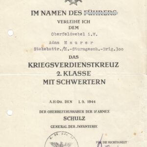 Urkunde KVK 2. Klasse mit Schwerter. Sturmgeschütz Brig. 300. 17. Armee Oberst Röhricht